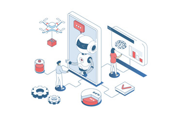 Fototapete - Artificial intelligence concept in 3d isometric design. Engineers working with ai robots, machine learning and programming digital brain. Vector illustration with isometry people scene for web graphic