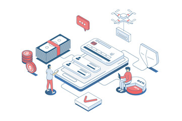 Poster - Mobile wallet app concept in 3d isometric design. Clients managing personal financial credit cards and accounts in online banking. Vector illustration with isometry people scene for web graphic
