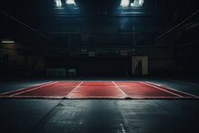 Full Shot Straight On Photo Of A Wrestling Mat In An Empty Gym With Low Light 