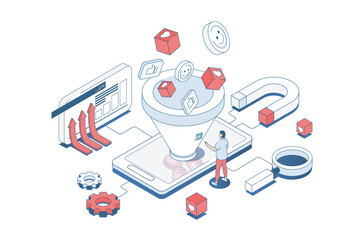 Poster - Social media funnel concept in 3d isometric design. Marketer attracting new audience and converting, using lead generations strategy. Vector illustration with isometry people scene for web graphic
