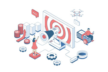 Leinwandbilder - Social media marketing concept in 3d isometric design. Man making online promotion and attracting new clients for making purchases. Vector illustration with isometry people scene for web graphic