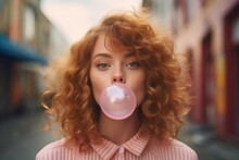 Beautiful Young Woman Blowing Bubble Gum. Outdoor Street City Walking. Generate Ai