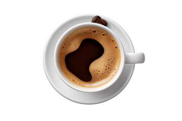 Cup of hot coffee with beans on the saucer isolated on transparent background PNG, top view