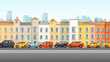 Fototapeta  - Cartoon cars on the road of city urban background, city traffic concept. Generated AI