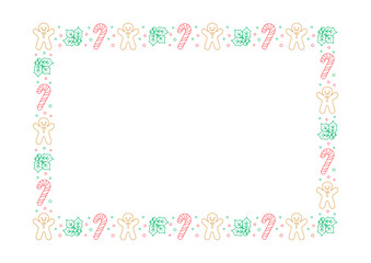 Sticker - Rectangle Christmas Frame Border. Gingerbread Cookies, Candy Cane and Mistletoe Pattern Winter Holiday Graphics. Social media post template on white background. Isolated vector illustration.