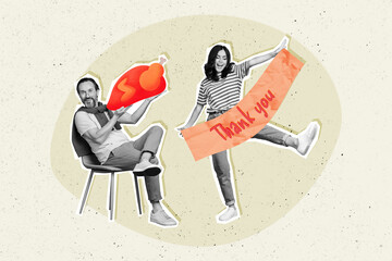 Creative collage of two black white colors positive people sit chair dance hold baked turkey thank you poster isolated on painted background