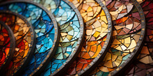 Abstrakte Kunstvolle Tiffany Glas Mosaik Scheibe Hintergrund Motiv Nahaufnahme Querformat Für Banner, Ai Generativ