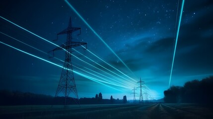 Electricity transmission towers with glowing wires against the starry sky. Energy concept.