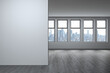 New York Manhattan City Skyline Buildings from High Rise Window. Beautiful Real Estate overlooking. Empty room white wall mockup Interior Skyscrapers View Cityscape. Day time. Midtown 3d rendering.