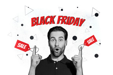 Sticker - Photo banner collage advert of amazed young man index fingers up with coupon labels sale black friday isolated on monochrome background