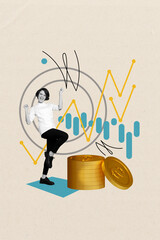 Wall Mural - Collage concept of financial analytic celebrating her trading trendline prediction comes true growth income isolated on beige background