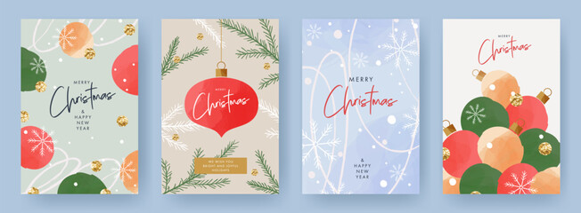 Wall Mural - merry christmas and happy new year greeting card set. modern xmas art doodle design with typography,