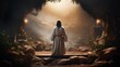 Jesus Christ as holy saviour. Beautiful light ray as power and sanctity symbol. Bible scene with religious soul. Appearance in saint land. View from behind for mystical mood.
