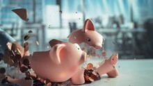Anonymous Person's Hand Smashing A Cute Pink Piggy Bank With A Hammer. Financial And Business Safety Concept, Bank Savings And Investments Theme. Super Slow Motion Footage With Speed Ramp Effect