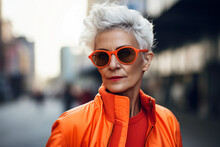 AI Generated Image Of Beautiful Elegant Stylish Elderly Senior Woman Wearing Trendy Orange Jacket And Sunglasses Against Blurred City