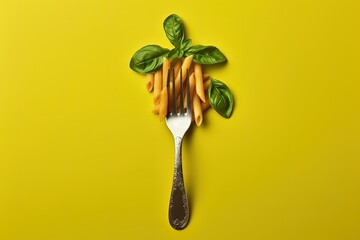 Sticker - Close up view of a delicious pasta dish with basil on a colorful background