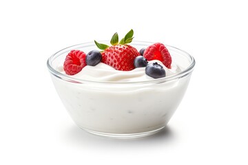 Poster - creamy yogurt in glass bowl over white backdrop