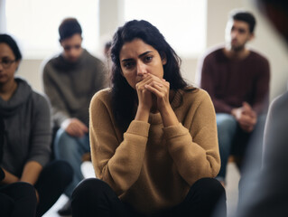 depressed woman at support group meeting