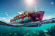 © ADDICTIVE STOCK - Generative AI illustration with picturesque of old loaded cargo ship sailing on turbulent wavy sea under clear skies background