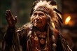 Native American tribal chief in traditional ceremonial regalia performing ancestral dance 