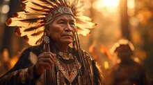 Native American Tribal Chief In Traditional Ceremonial Regalia Performing Ancestral Dance 
