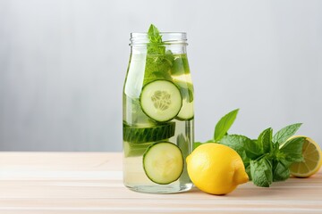 Sticker - Healthy detox water with cucumber lemon basil and mint Ideal for fitness diet and proper nutrition Space for text