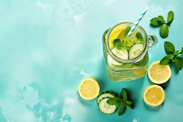 Sticker - Healthy lifestyle concept with fresh infused water cocktail and lemonade in a glass jar