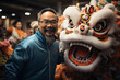 Man posting for picture with chinese dragon for new years ai generated art.