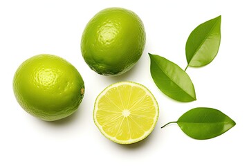 Wall Mural - Lone lime slices Whole and sliced limes with leaves isolated on white background