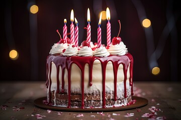 Poster - One red candle on a birthday cake with dripping frosting