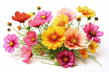 Poster - Orange pink and yellow cosmos bloom on white