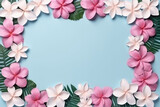 Fototapeta Tulipany - Frame with pink and white flower buds, flat lay, top view