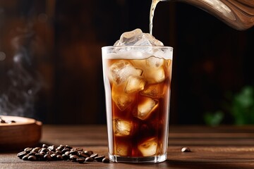 Canvas Print - Refreshing ice coffee with cream being poured onto a wooden table featured against a clean backdrop