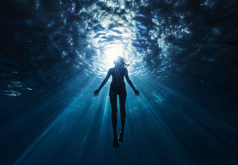 Wall Mural - Portrait of a woman under water. Calm relaxation concept. Editorial concept.