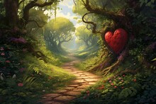 A Heart Painting Amidst Lush Vegetation, Berries, A Forest Path, And Dense Foliage. Generative AI