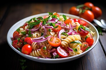 Canvas Print - Tomato and red onion pasta salad