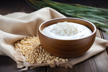 Sticker - Wooden bowl of Greek yogurt and tablecloth with dry barley