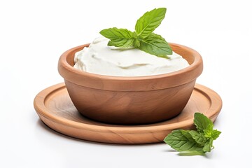 Canvas Print - Wooden bowl with sour cream yogurt and basil leaves isolated on white background