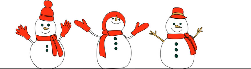 Wall Mural - snowmen continuous line drawing, isolated vector