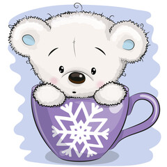 Canvas Print - Cartoon White Teddy bear is sitting in a Cup with snowflake print