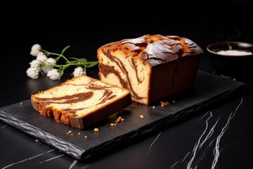 Wall Mural - White background bakery marble cake slice on black plate with ingredients