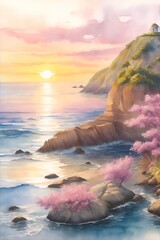 Wall Mural - Watercolor seashore scene paint. AI generated illustration