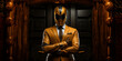 Phantom Figur im gelben Anzug mit Helm unkenntlich als schwarzer Mann mit Handzeichen Daumen Hoch im Querformat für Banner, ai generativ