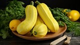 Fototapeta Kuchnia - Fresh, bright yellow summer squash with its tender skin is a delightful addition to your summer recipes. Culinary versatility, vibrant color, texture enhancement, fresh ingredients. Generated by AI.