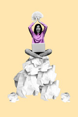 Canvas Print - Vertical collage of girl sitting on crumpled paper bad ideas before she become successful startuper with money isolated at beige background