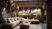 A Sun-dappled Pergola, Its Wooden Beams Draped In Climbing Wisteria, Creating A Fragrant Canopy For A Cozy Outdoor Seating Area