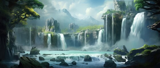 Majestic powerful waterfall wallpaper a landscape mountains trees and a river under a blue sky