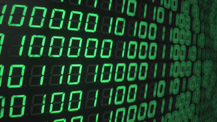 Green digital binary data on a computer screen 3D rendering