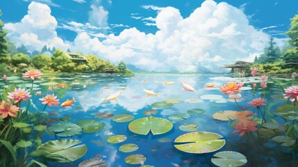 Wall Mural - A tranquil koi pond reflecting the azure sky, with graceful lily pads floating atop the water's surface
