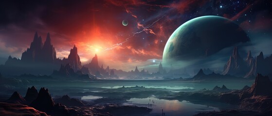 Wall Mural - fantastical landscape with a planet and a comet in the sky and a rocky terrain below wallpaper